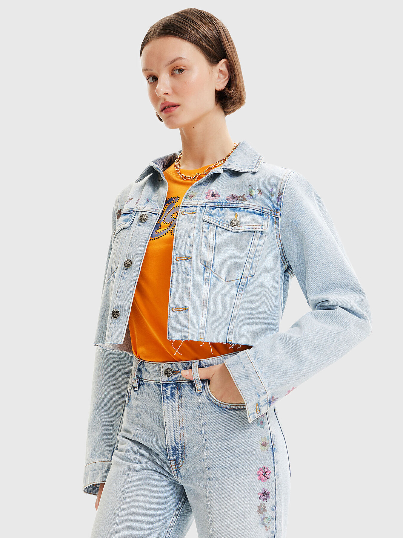 上品なスタイル denim SOHO CHAQ jacket DESIGUAL brand elements floral with ジャケット・アウター
