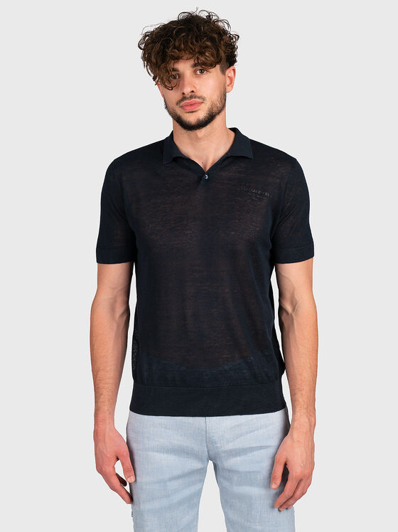 Син плетен поло-шърт от лен - 1