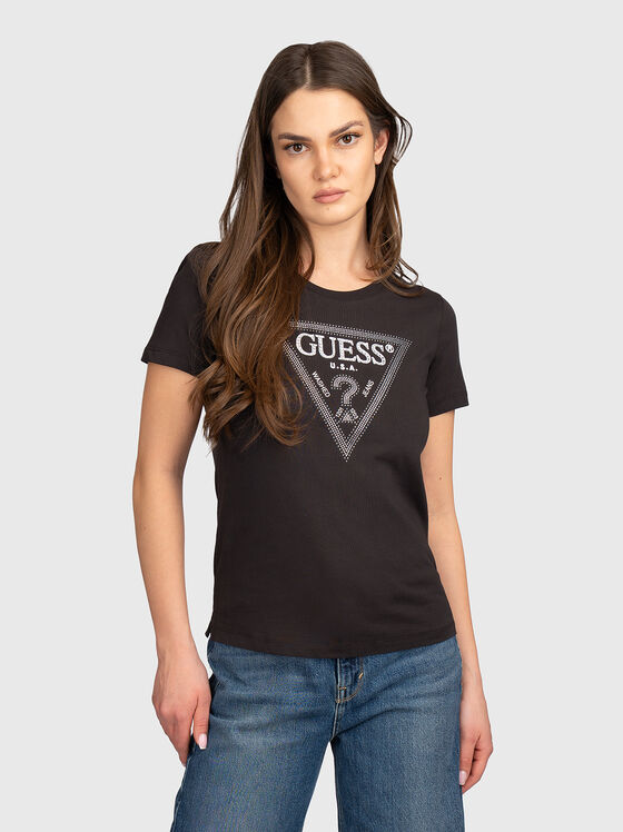 Черна памучна тениска с апликирани кристали - 1