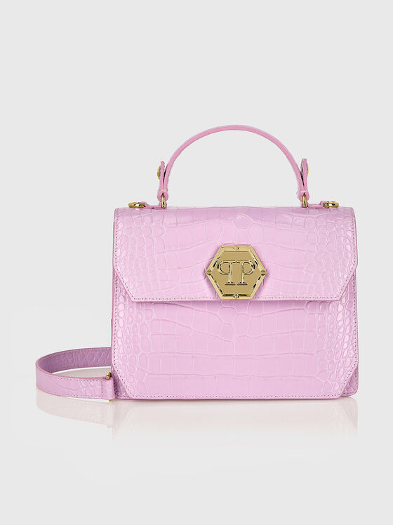 Розова кожена чанта с кроко текстура - 1
