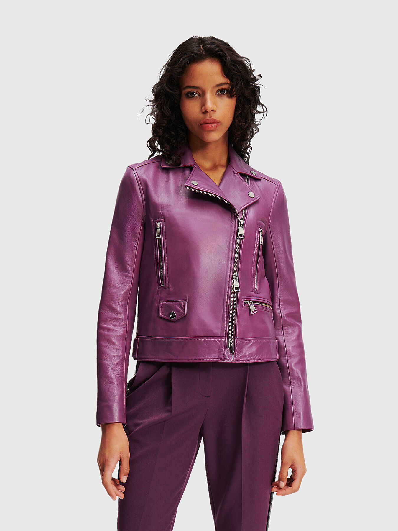 Black and clearance purple leather jacket