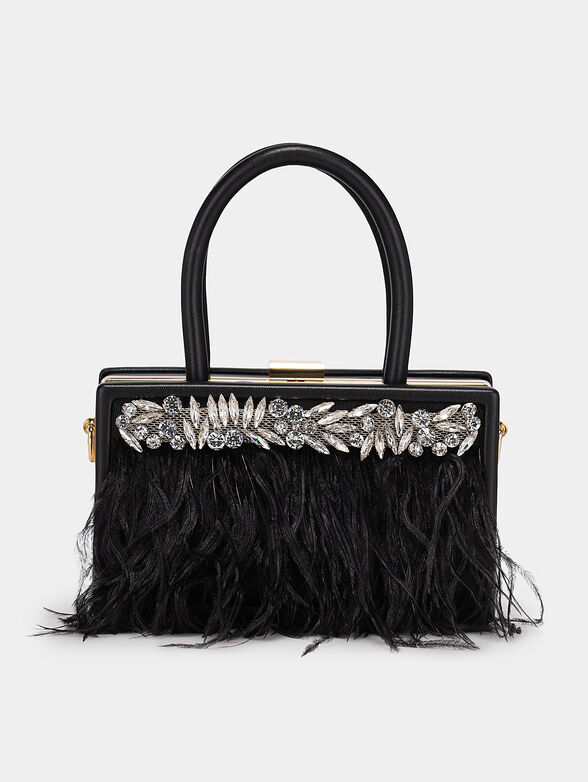 Black clutch with appliqu&eacute; gemstones and feathers - 1