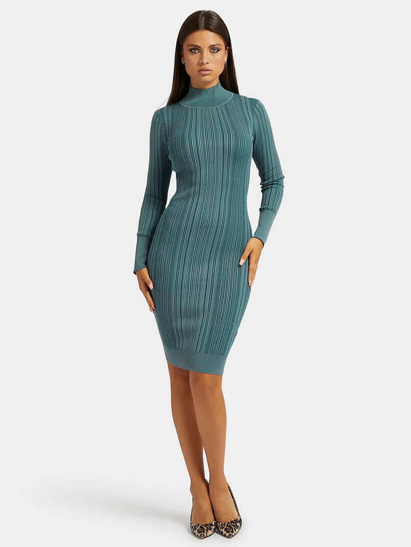 Blue knitted dress with polo collar - 3