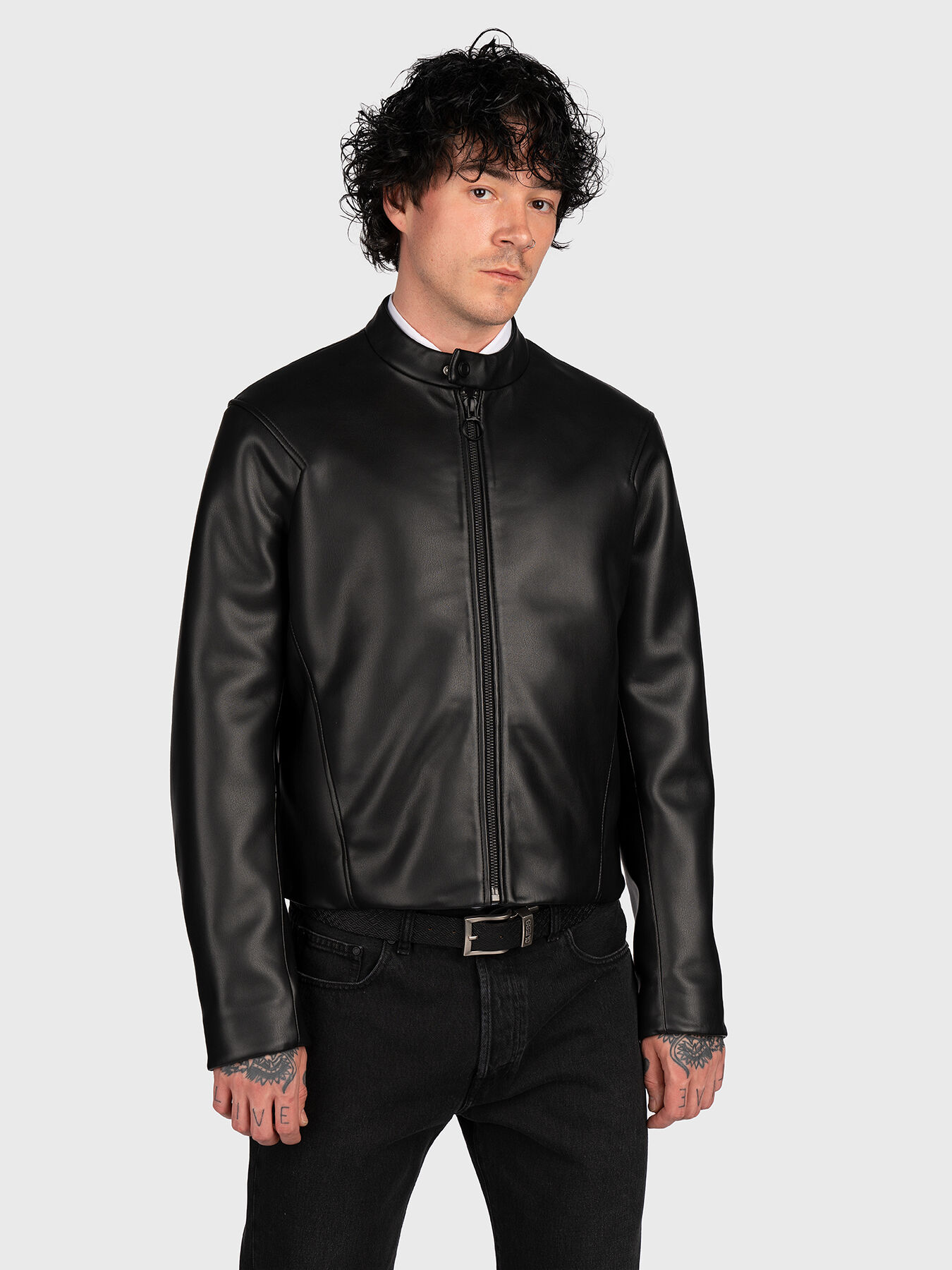 Black biker jacket made of faux leather brand TRUSSARDI Globalbrandsstore en