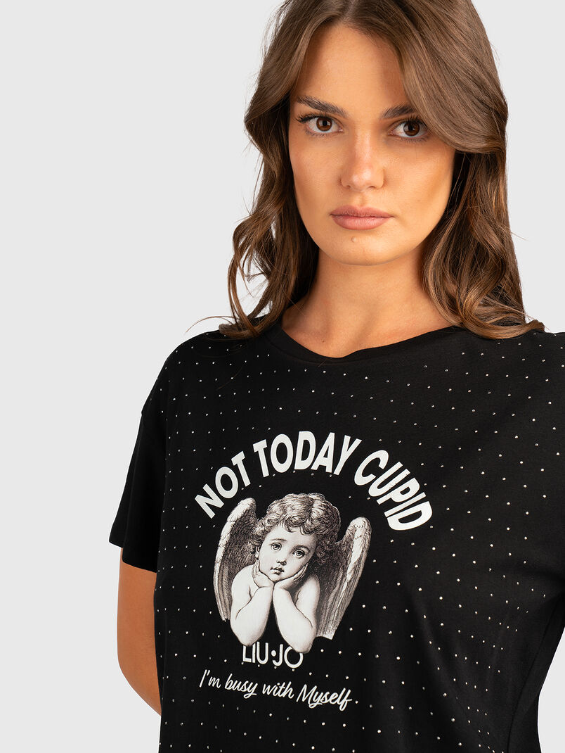 Cotton T-shirt with print and rhinestones - 3