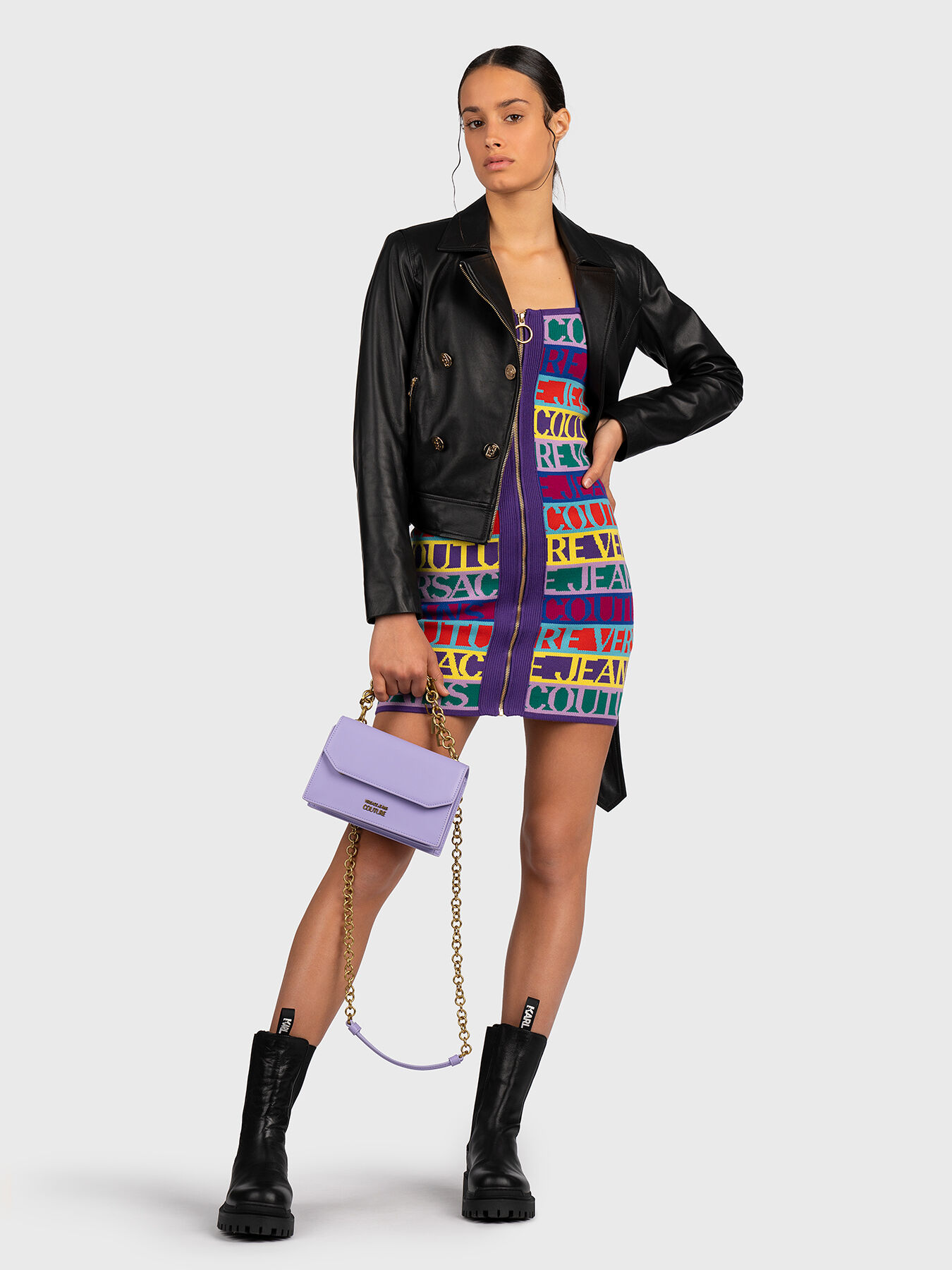 Dress with zip and multicolor logo prints brand VERSACE