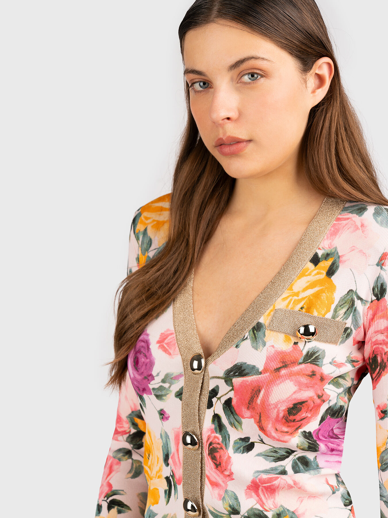 V-neck cardigan with floral print brand BLUGIRL