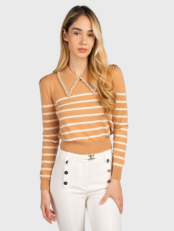 Striped beige sweater with decorative pearls - 1