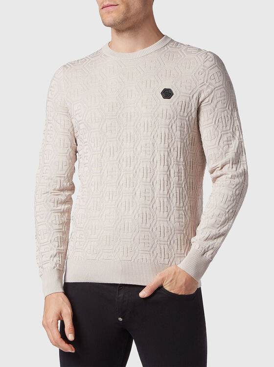 Бежов пуловер с монограмни лого мотиви - 1