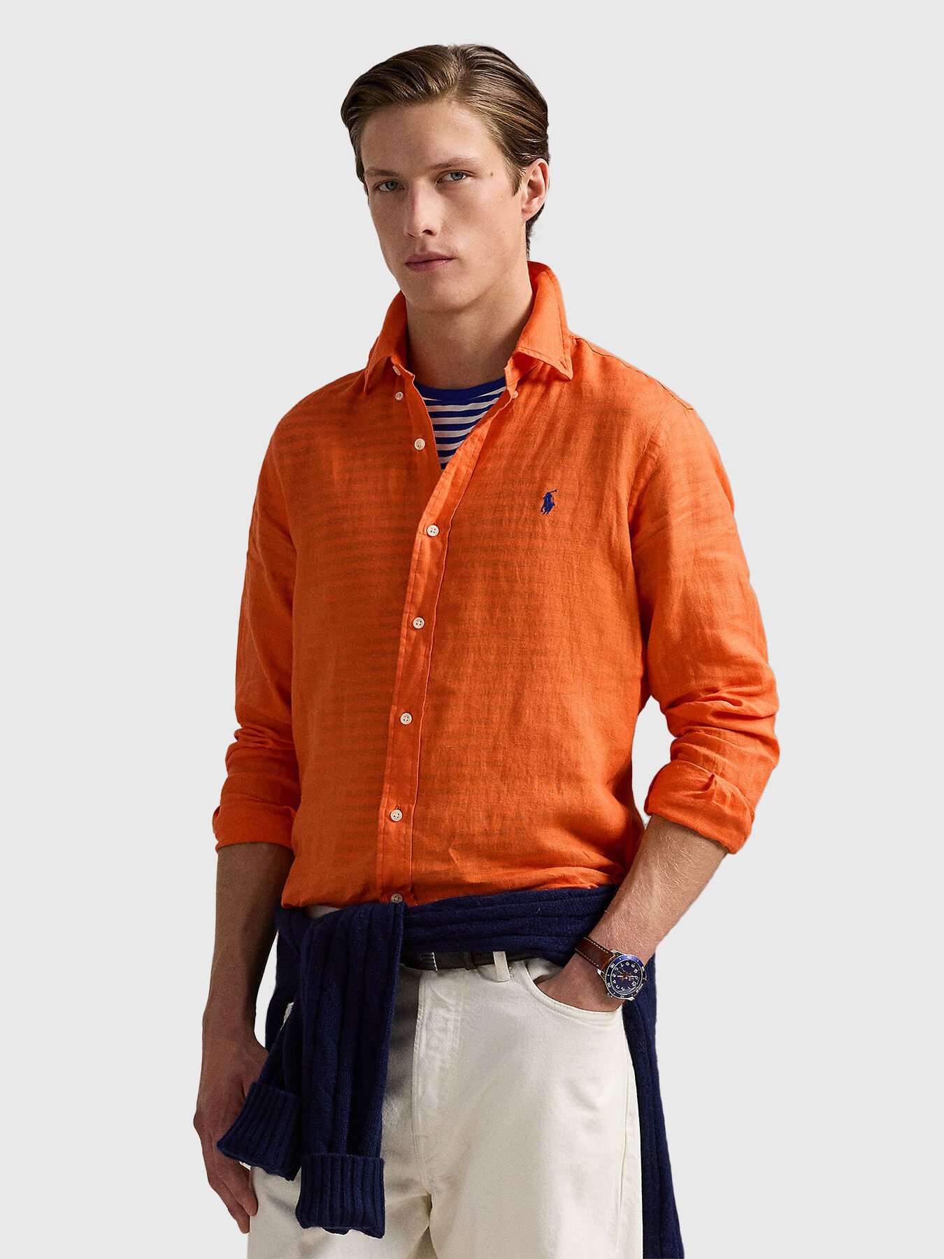 Tシャツ・カットソー Ralph Lauren SS25 Fluo orange linen shirt (710966294 013) Linen shirt with embroidered logo brand POLO RALPH LAUREN