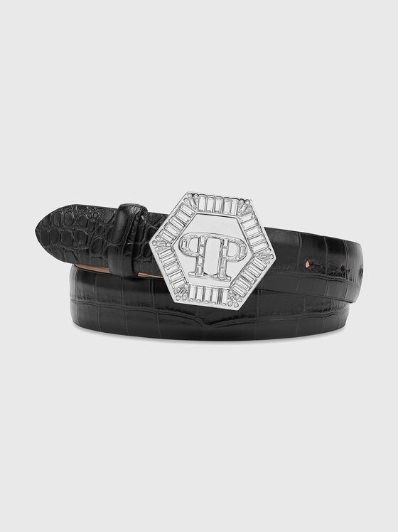 Black leather belt with croc texture - 1