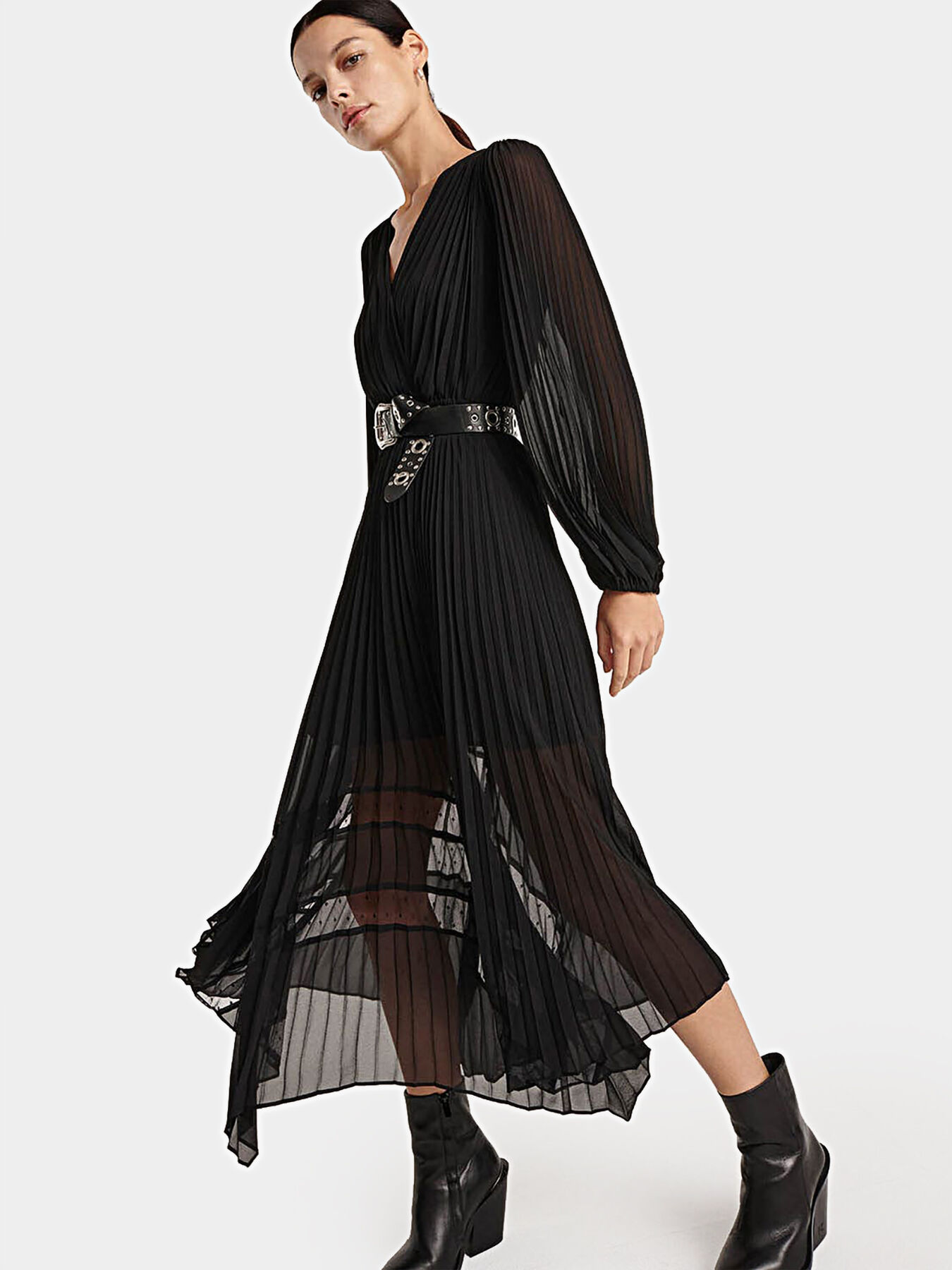 THEREDTHREAD S oval pleats dress 黒 black Women's Long black pleated dress | The Kooples