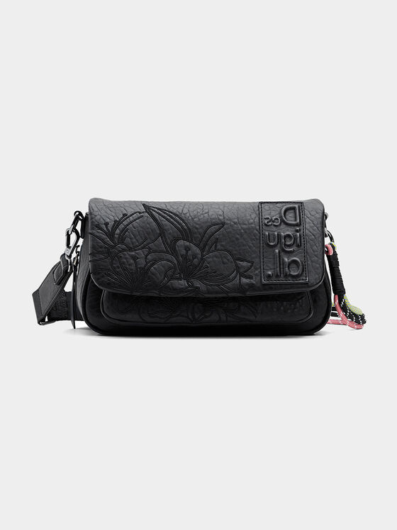Черна кросбоди чанта с флорална бродерия - 1