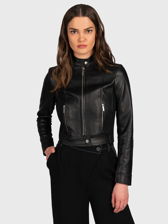 Cropped leather biker jacket - 1
