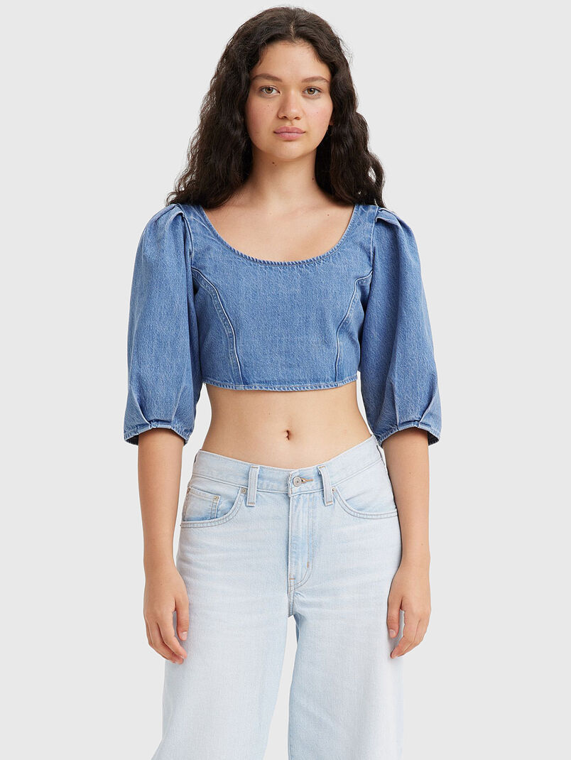 Cropped denim blouse with puff sleeve - 3