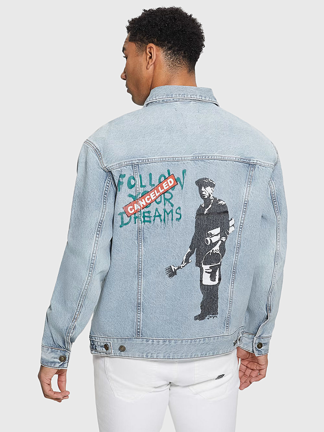 Blue oversized denim jacket with print brand GUESS