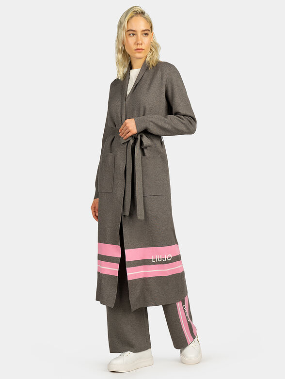 Long cardigan with belt and logo accent - 1
