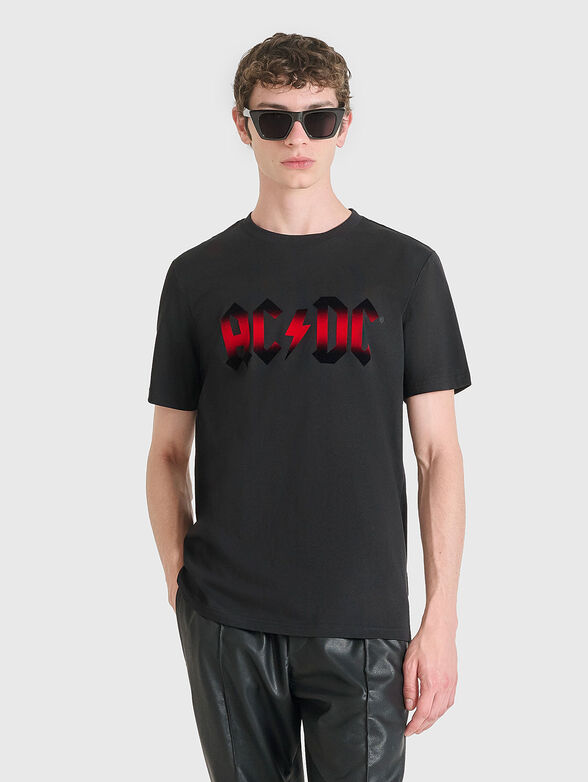 Black T-shirt with print and oval neckline - 1