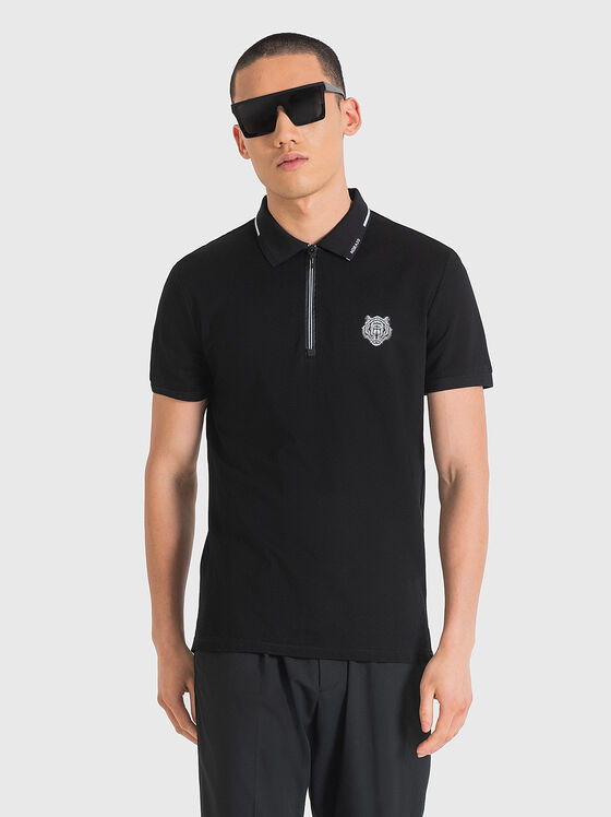 Black slim fit polo shirt with print - 1