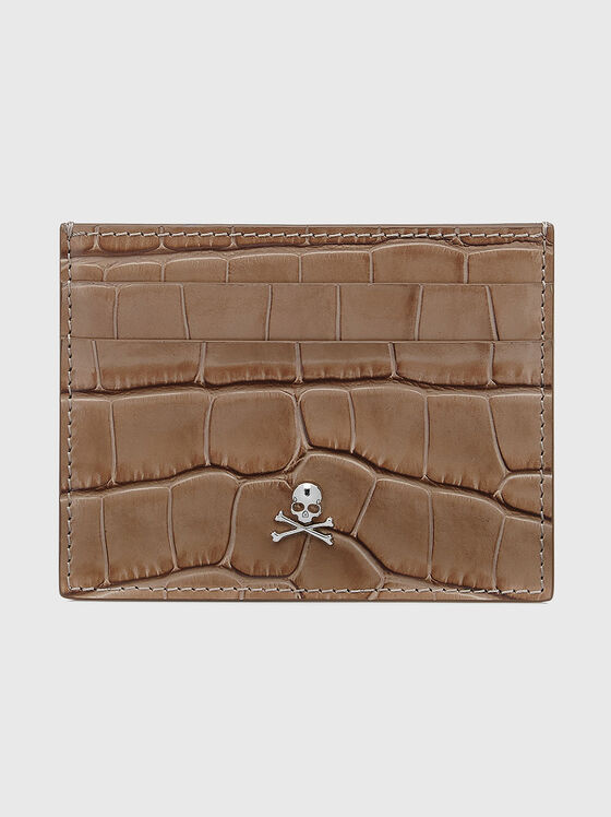 Leather card holder in beige with croco texture - 1
