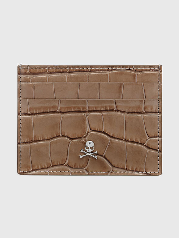 Leather card holder in beige with croco texture - 1