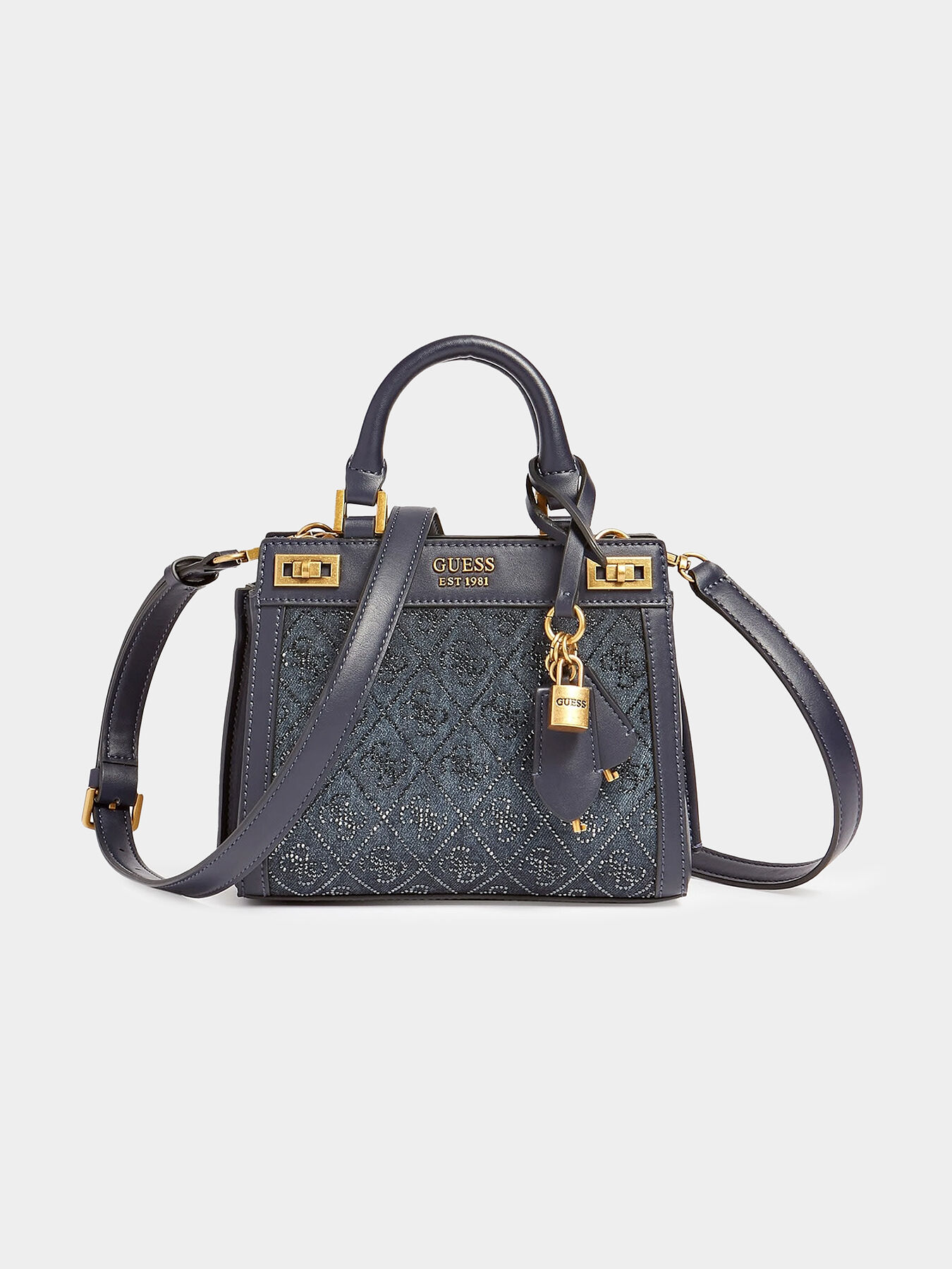 KATEY denim bag with rhinestone logo motifs brand GUESS Globalbrandsstore en