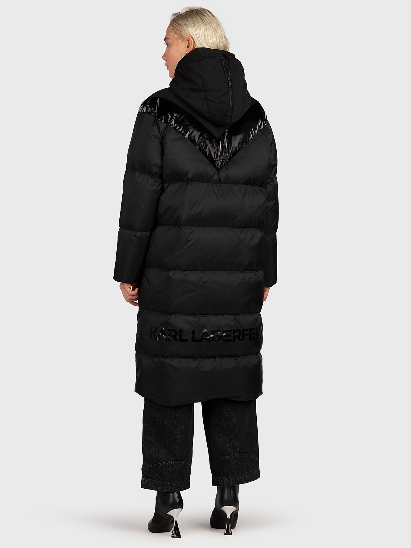 Long padded jacket with monogram logo accents brand Karl