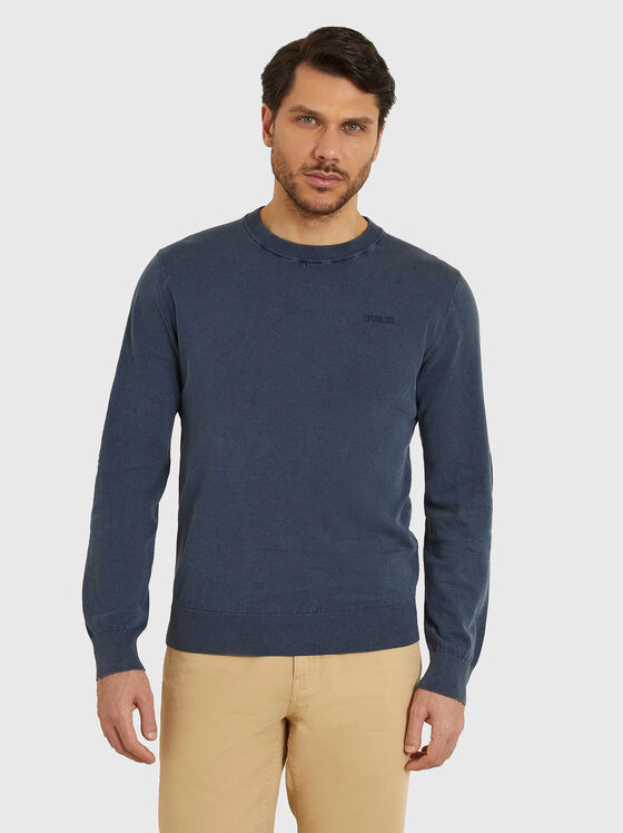 Тъмносин пуловер от памучен бленд  - 1