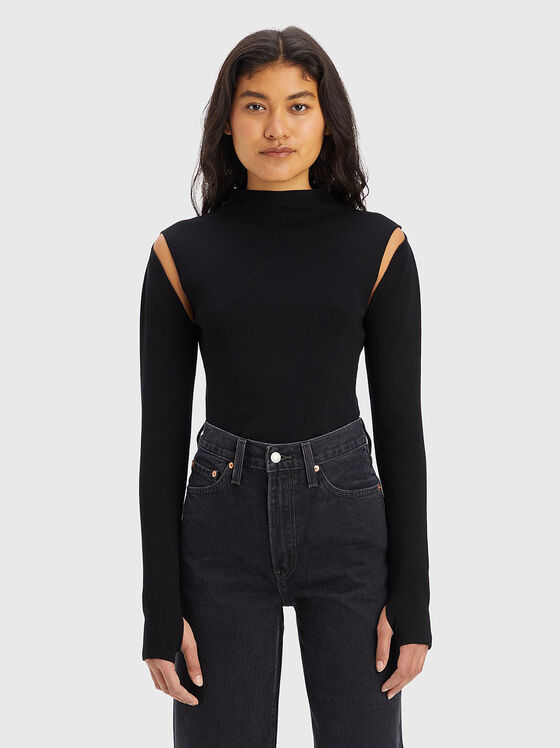 Черен пуловер с акцентни ръкави  - 1