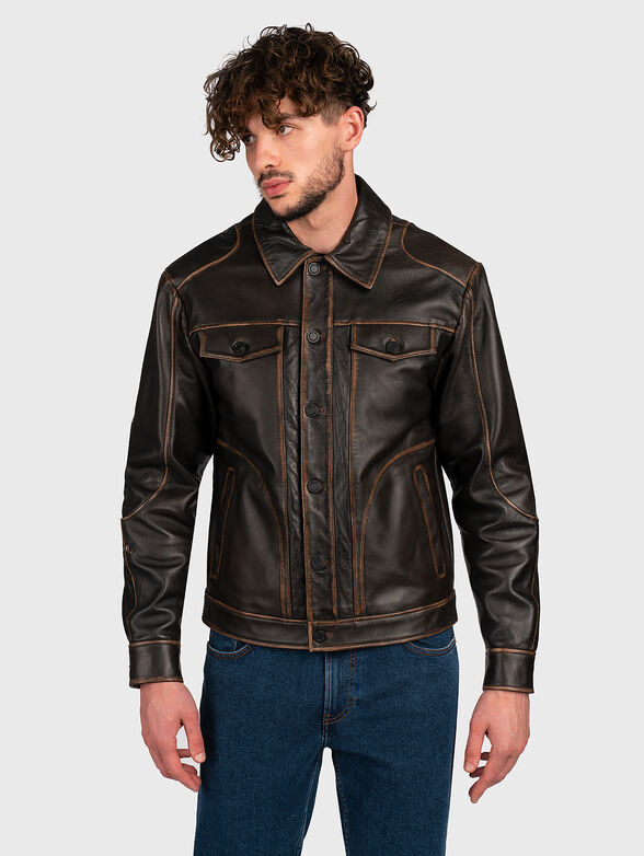 Dark brown leather jacket with buttons - 1