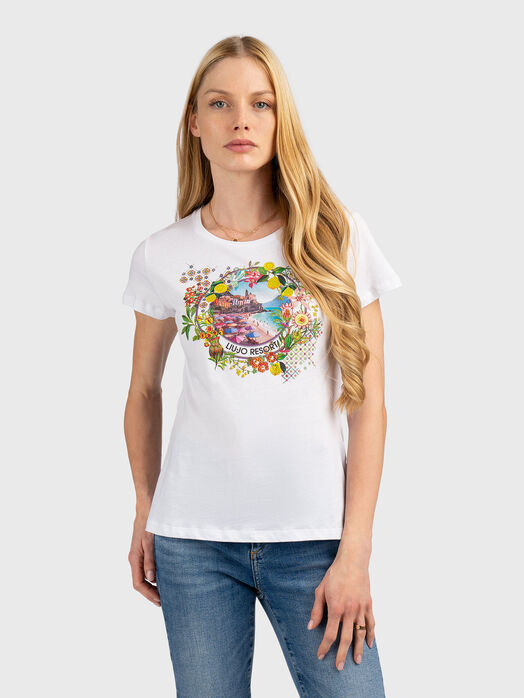 T-shirt with oval neckline and multicolor print