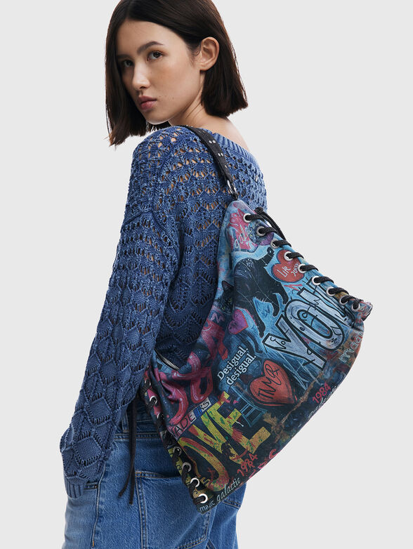 Big denim bag with print and adjustable handle - 2
