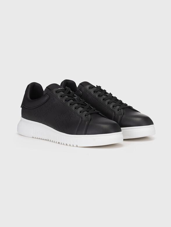 Black leather sneakers with perforated logo  - 2