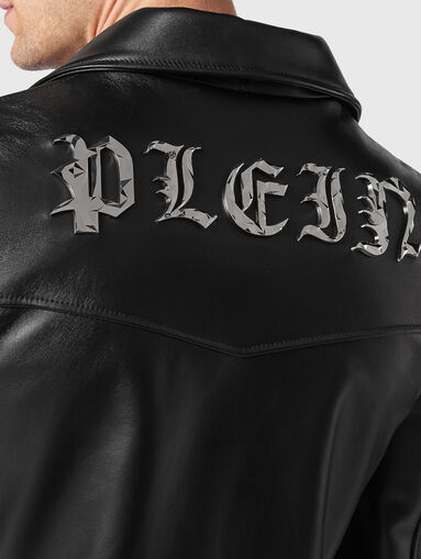 Leather biker jacket with gothic logo detail - 3