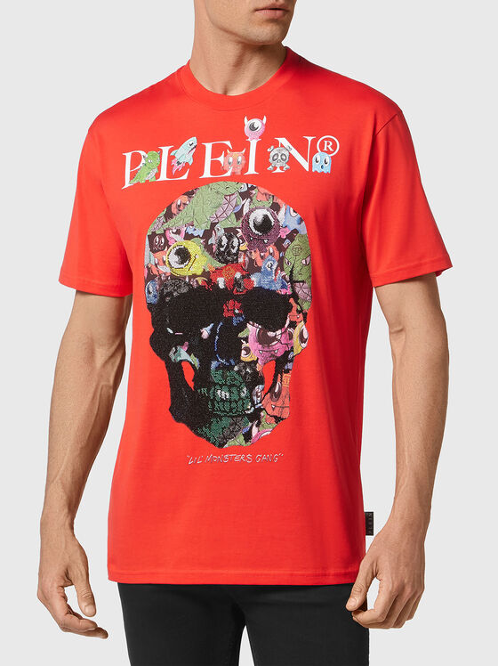 Red T-shirt with artistic logo print - 1