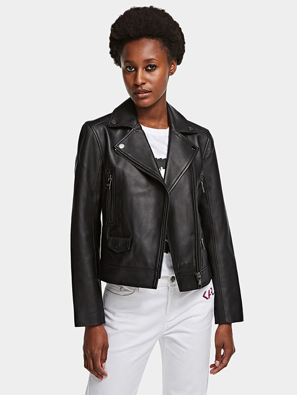 Leather biker jacket with art print on the back - 1