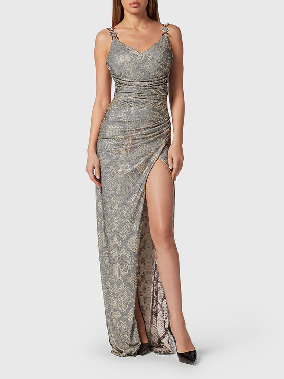 Рокля със змийски принт и цепка  - 1