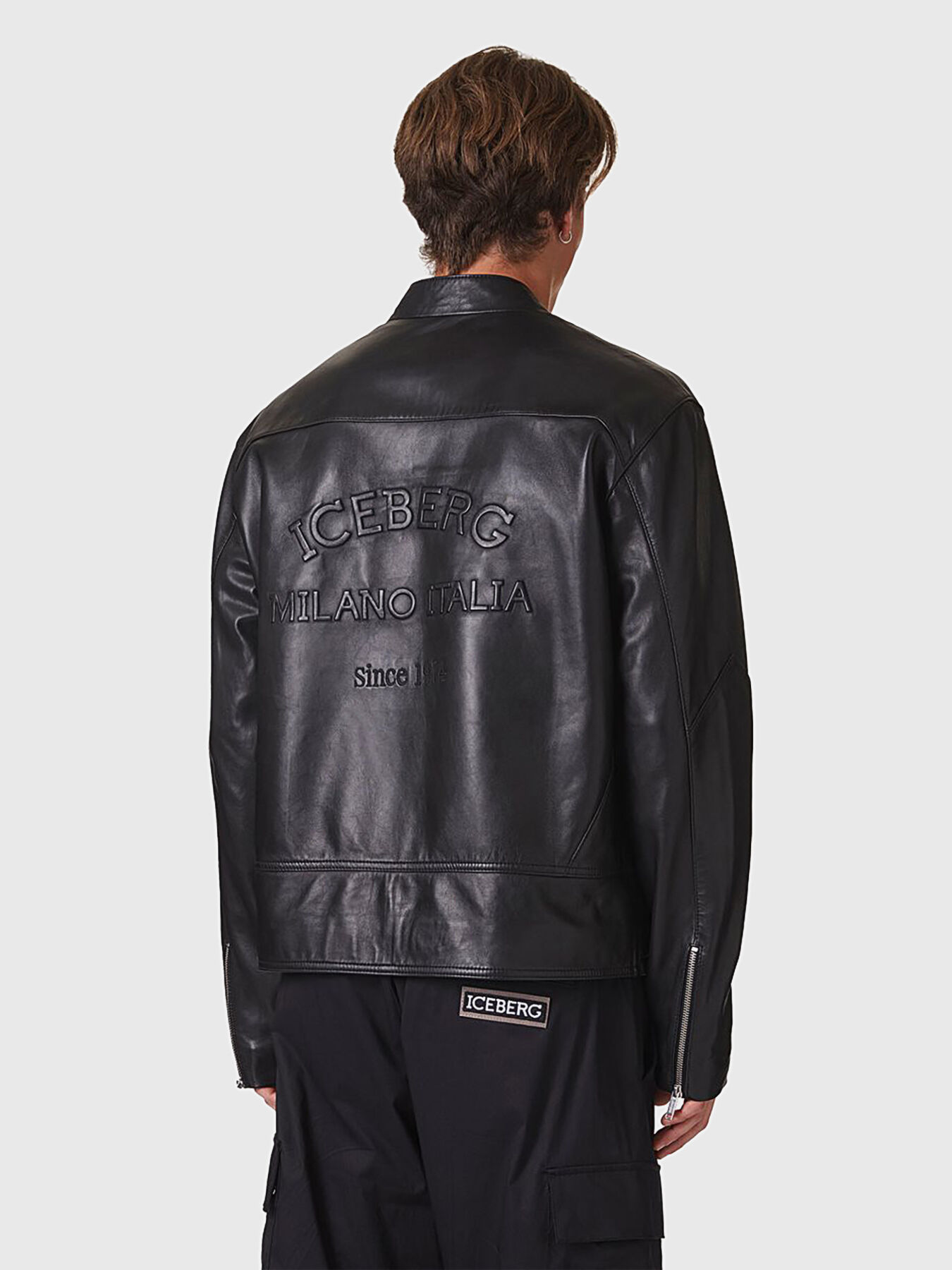 Leather jacket with embossed logo accent brand ICEBERG
