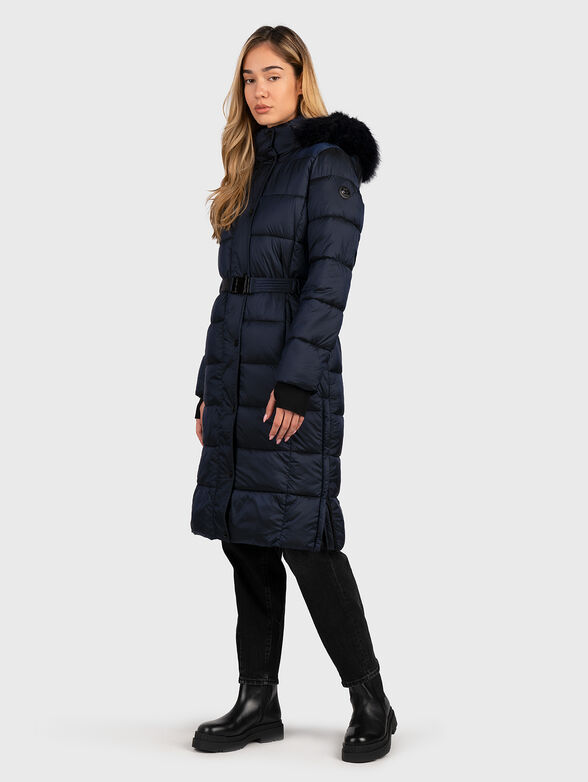 Hooded long jacket in dark blue color with belt - 3