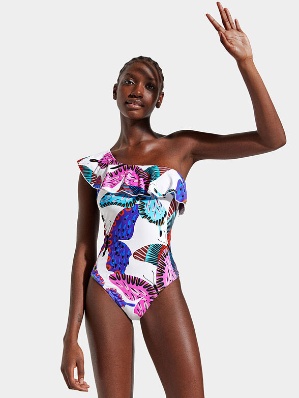 Asymmetrical one-piece swimsuit with butterfly print - 1