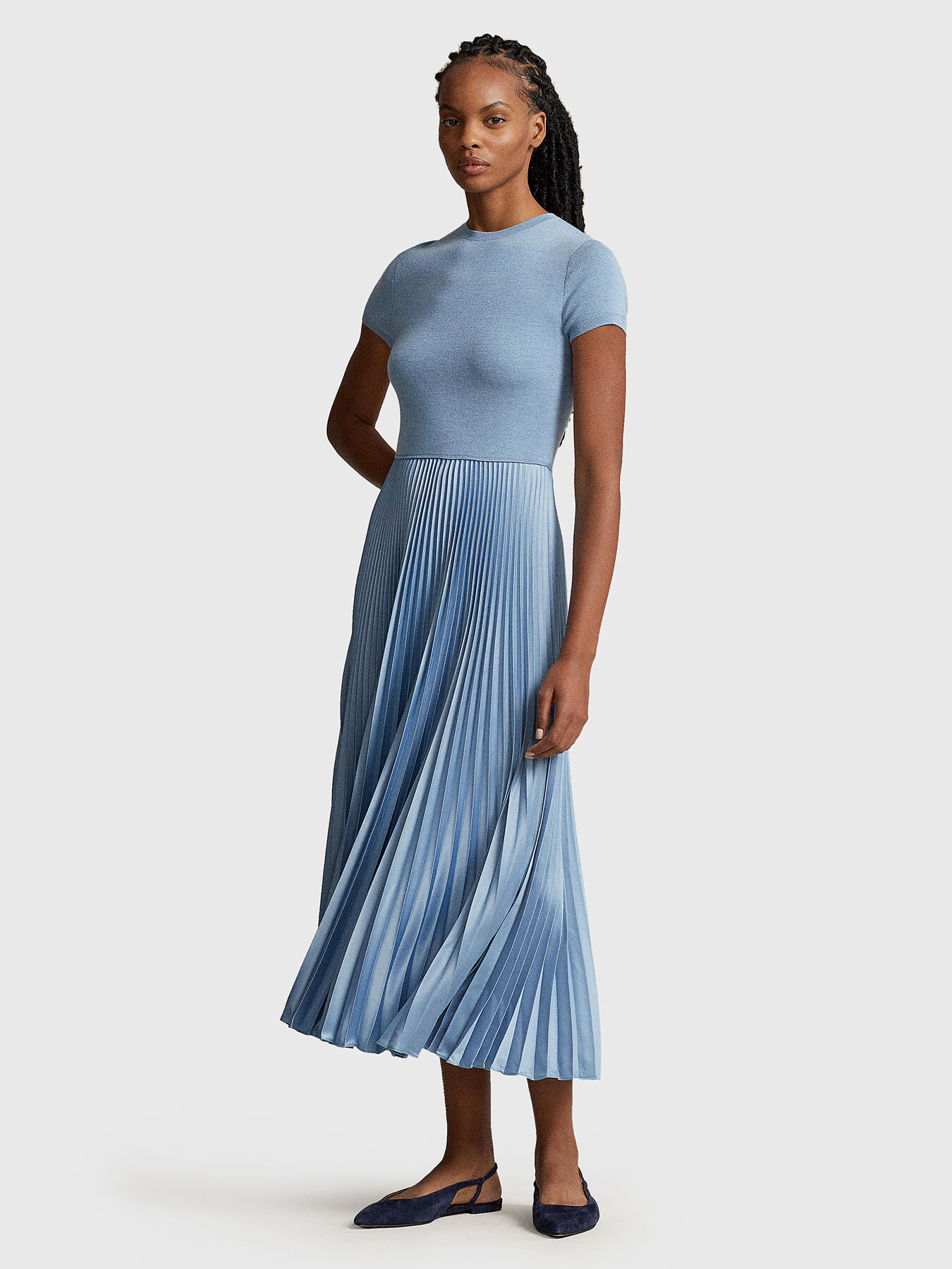 Pleated dress in blue brand POLO RALPH LAUREN — Globalbrandsstore