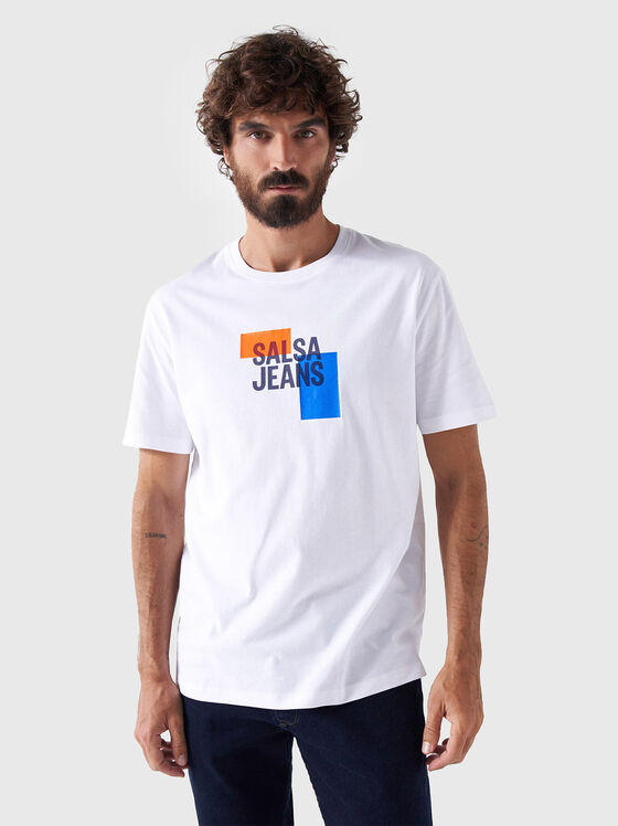 Бяла памучна тениска с лого принт - 1