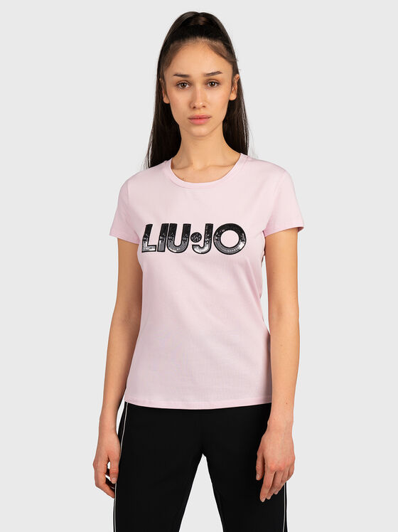 Розова тениска с лого детайл - 1