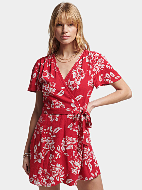 Червена рокля с флорални мотиви - 1