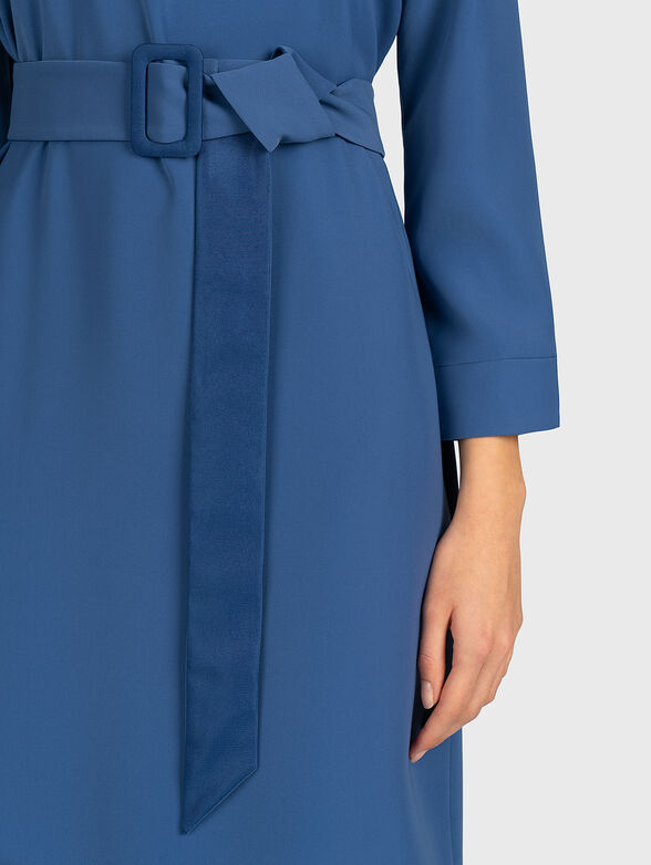 Blue dress with high neck and matching belt - 4