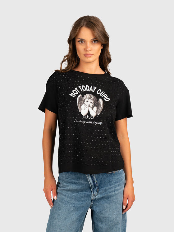 Памучна тениска с принт и апликирани кристали - 1