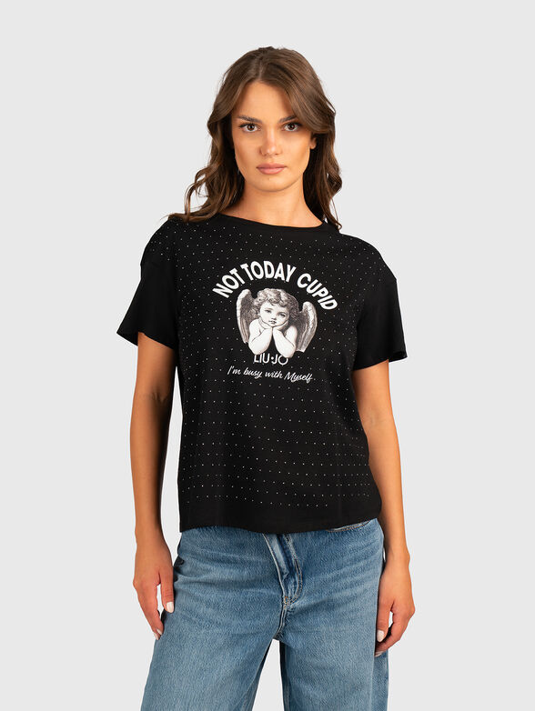 Cotton T-shirt with print and rhinestones - 1