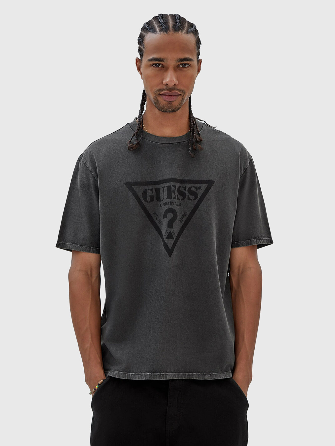 Vintage style black t-shirt with triangular logo brand GUESS