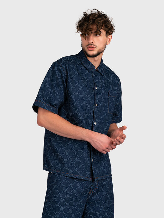 Blue denim shirt with monogram print