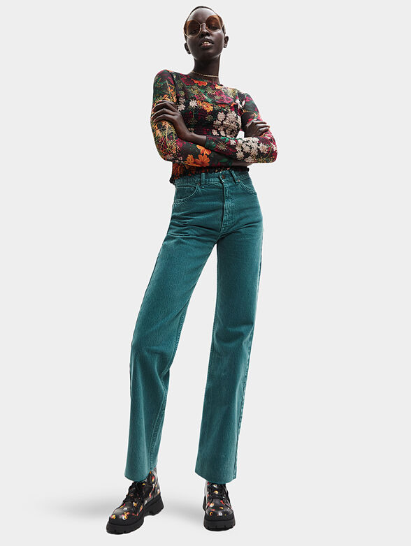 Wide leg denims in turquoise color - 4